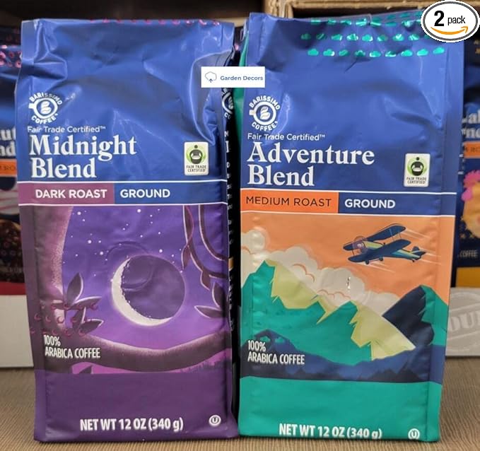 Barissimo Midnight Blend Dark Roast &amp Adventure Blend Medium Roast Ground Coffee 12oz 340g (Two Bags)