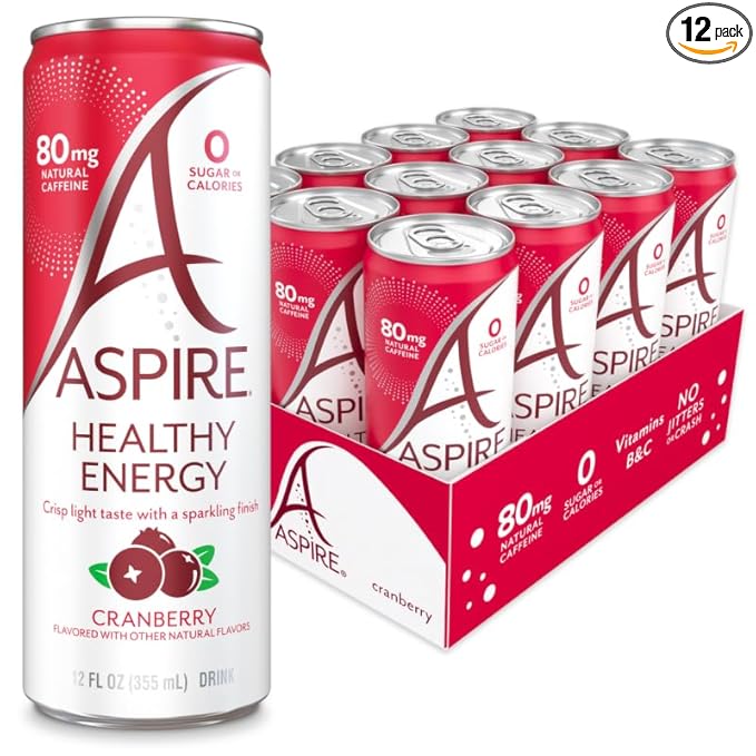 ASPIRE® Cranberry Healthy Energy Drink 80mg Natural Caffeine Zero Sugar No Carbs Keto Friendly 12 Pack Green Tea Sugar Free Drink Low Caffeine Zero Calorie