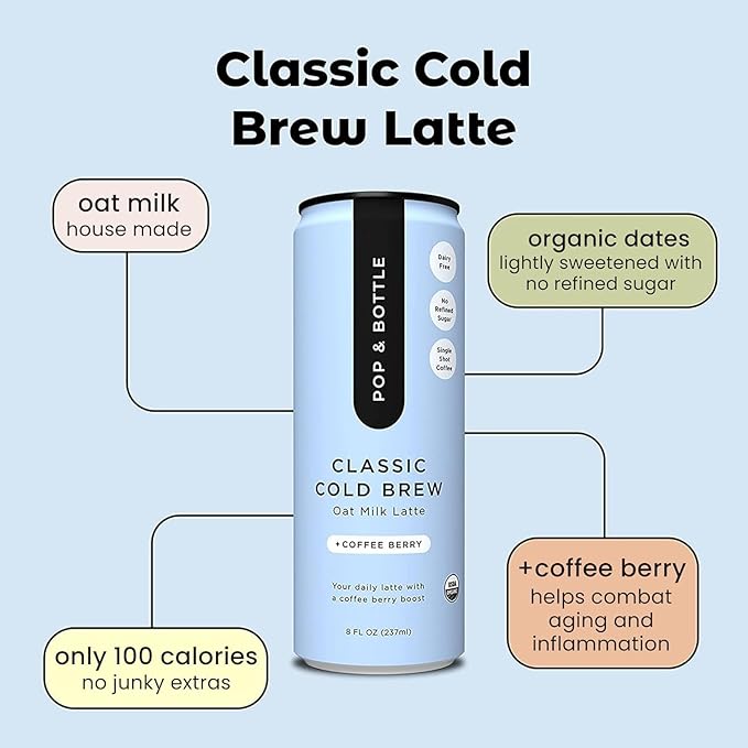 Pop &amp Bottle Classic and Matcha Oat Milk Lattes - Reishi and Maitake Mushrooms Green Tea Cold Brew Coffee Berry MCT Oil Organic Dairy &amp Gluten Free Vegan - 8 Fl Oz (Pack of 12) 6 Eac