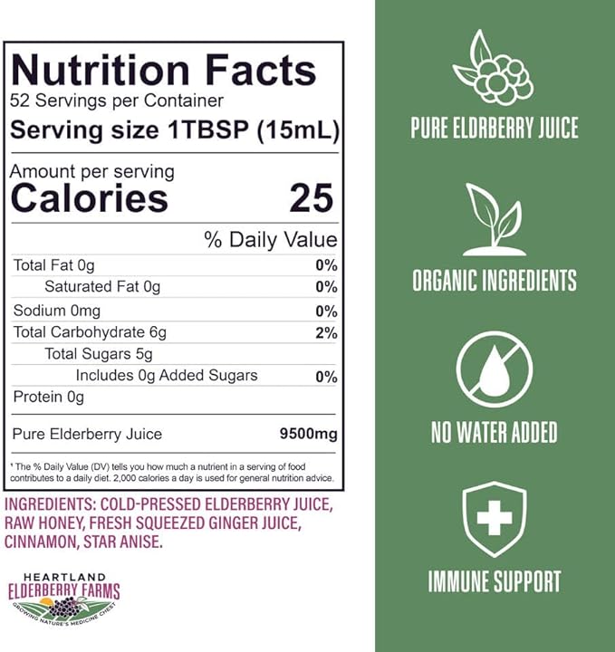 Heartland Organic Elderberry Syrup - Cold Pressed Elderberry Juice Zero Water Added - Immune Support for Kids &amp Adults - Made with Raw Honey Ginger Cinnamon &amp Star Anise - 13 fl oz (375 ml)