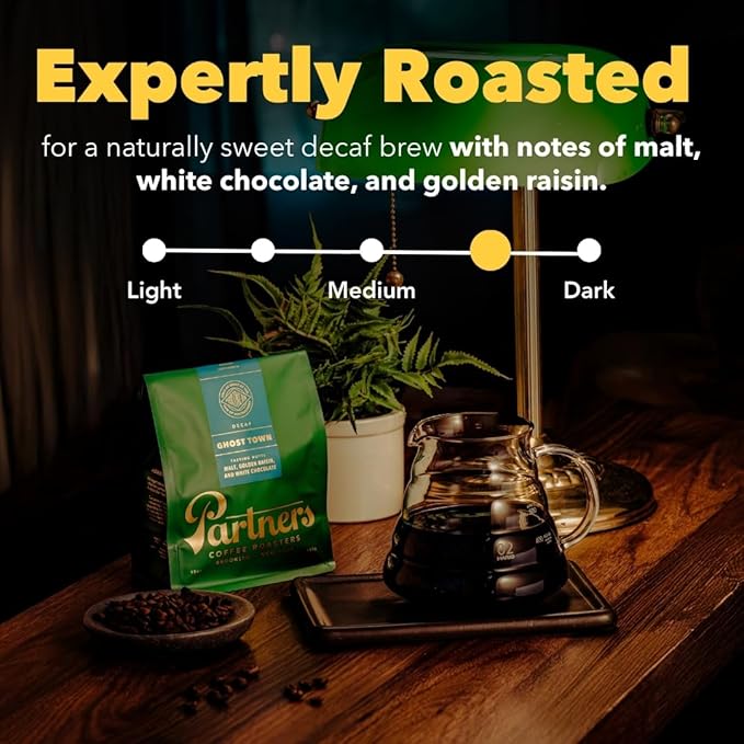 PARTNERS COFFEE ROASTERS - Whole Bean Coffee (Ghost Town - Decaf Medium Roast) 12oz - Decaf Coffee Mountain Water - Whole Coffee Beans - Lab Tested for Mycotoxins &amp Heavy Metals - Hand Roasted i