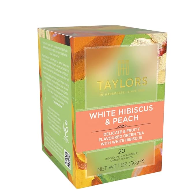 Taylors of Harrogate White Hibiscus &amp Peach Green Tea Individually Wrapped Bags 20 Count (Pack of 6) Delicate Fruity and Sweet Caffeinated Enjoy Hot or Iced 120 Teabags Total