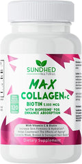 Sundhed Max Collagen Plus C - All Natural Collagen with Biotin &amp Bioperine to Boost Anti Aging Hydration &amp Skin Firmness - Strengthen Bones &amp Nails (Capsules 2-Month) (120 Count)