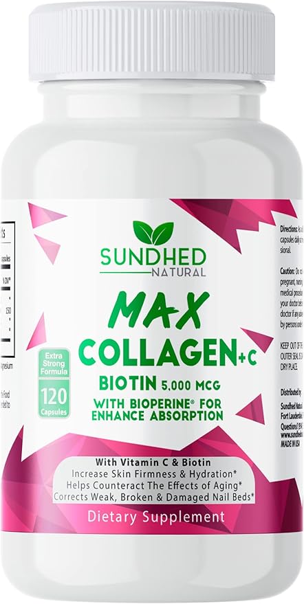 Sundhed Max Collagen Plus C - All Natural Collagen with Biotin &amp Bioperine to Boost Anti Aging Hydration &amp Skin Firmness - Strengthen Bones &amp Nails (Capsules 2-Month) (120 Count)