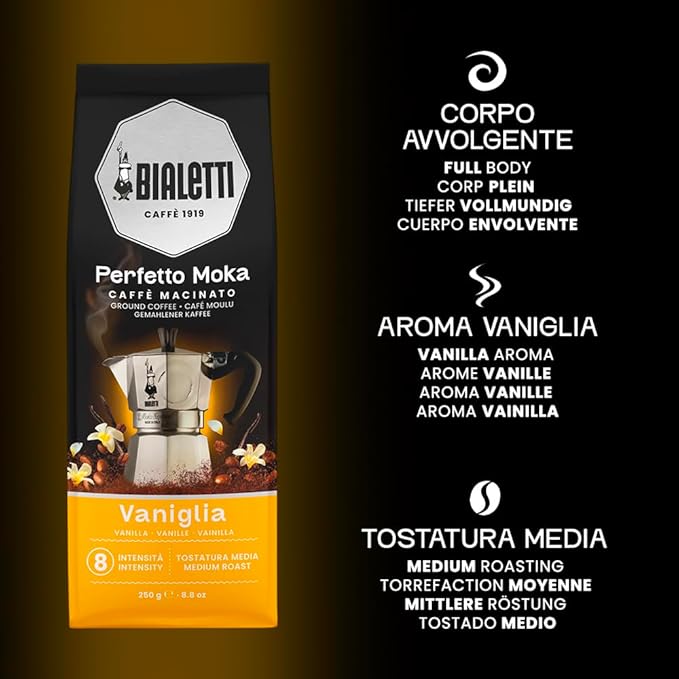 Bialetti - Perfetto Moka Vaniglia: Gemahlener Kaffee mit mittlerer Röstung Vanille-Aroma 250g x 6 Beutel mit Aromaventil