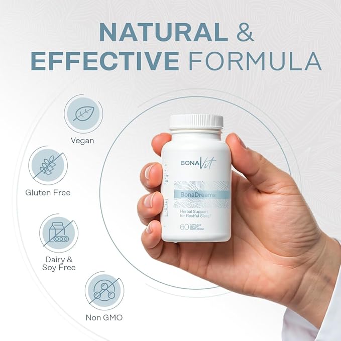Natural Sleep Aid - with Melatonin 5mg Valerian L-Tryptophan &amp L-Theanine - Sleep and Wellness Supplement - Natural Vegan Supplement with no Additives - 30 Servings - BonaDreams