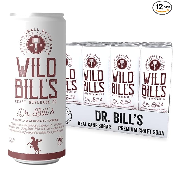 Wild Bill's Dr Bill Soda Classic Craft Soda Pop Soft Drinks Sodas Made with Pure Cane Sugar Caffeine Free NO High Fructose Corn Syrup Gluten Free Vegan Low Sodium 12 Oz 12 Pack