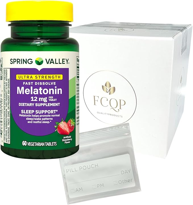 Spring Valley Melatonin Sleep Support Tablets Ultra Strength 12 mg Fast-Dissolve 60 Count Included is a Pill Pouch and a Sticker