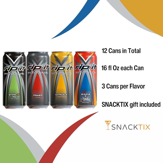 Rip It Energy Drink Variety Pack - 12 Cans of 16 fl oz Each - Assorted Flavors for an Energy Rush - with Snacktix Coaster Included (Power Energy)