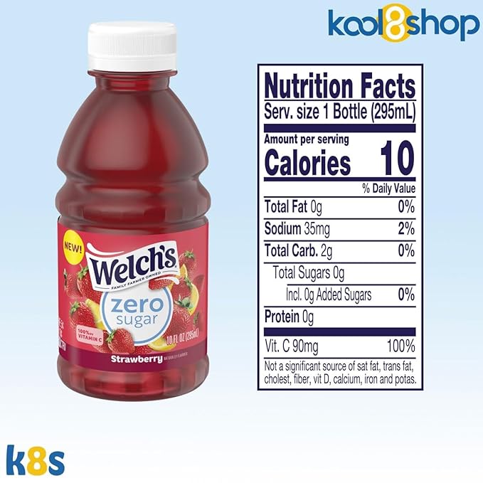 Welch's Zero Sugar Strawberry Juice Drink 10 fl oz Plastic Bottle 24 Pack + 2 Reusable Snack Bags by KOOL8SHOP Infinite Deals