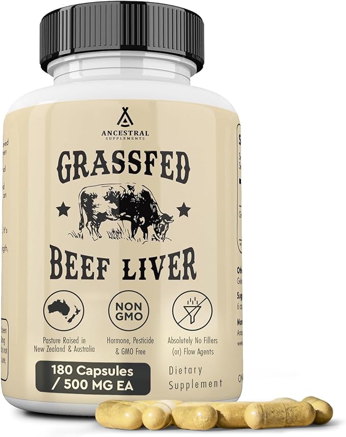 Ancestral Supplements Grass Fed Beef Liver 180 Capsules Supports Energy Production Detoxification Digestion Immunity and Full Body Wellness Non-GMO Freeze Dried Liver Health Supplement
