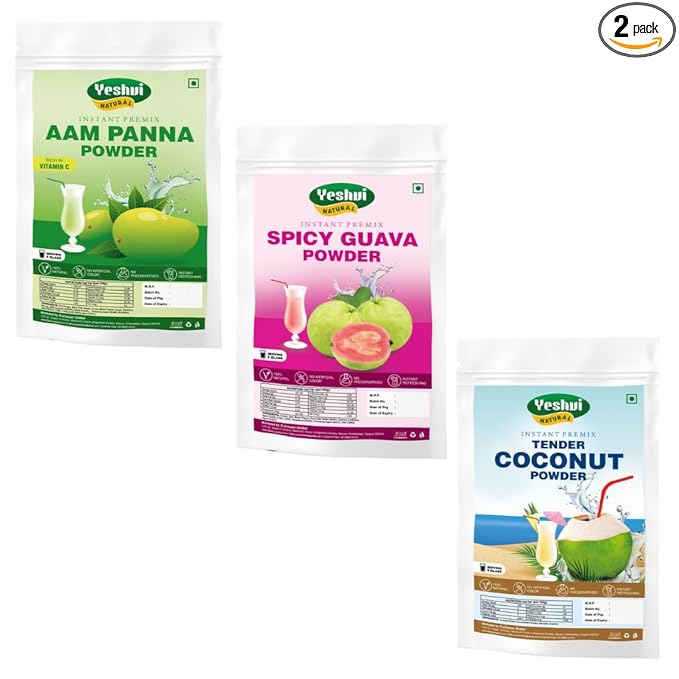 Yeshvi NATURAL Aam Panna Powder &amp Spicy Guava Powder With Tender Coconut Water Powder Combo Pack Instant Drink Mix Powder for Daily Ready to Serve 300gm