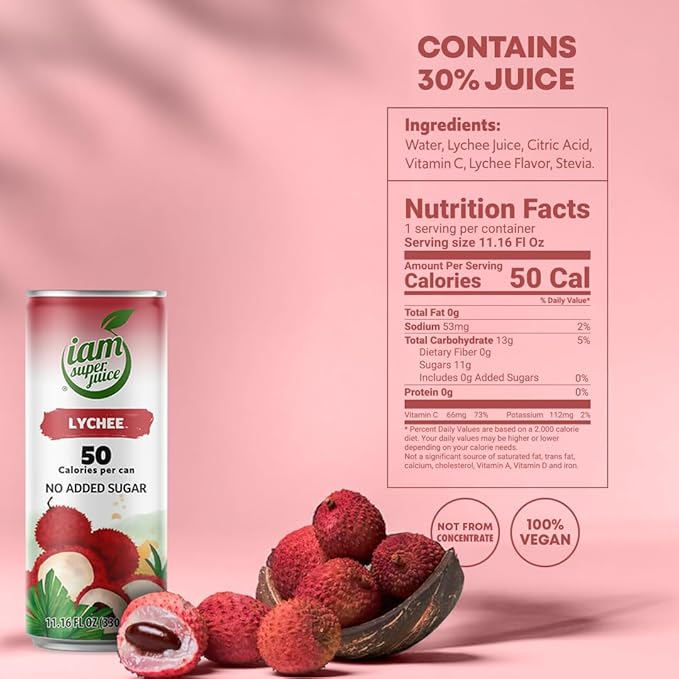 Lychee Fruit Juice Drink 100% Natural - I am Superjuice - No added sugars concentrate preservatives - 12pack 11.16oz - low calorie - NON GMO - Vegan