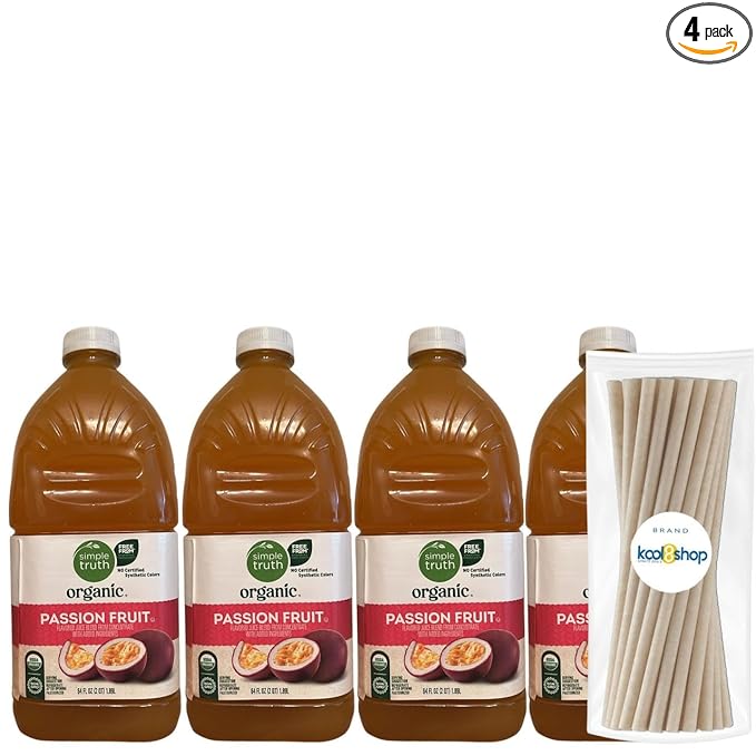 Simple Truth Organic Passion Fruit Juice 64 fl oz Plastic Bottles 4 Pack + 15 Sugarcane Disposable Straws by KOOL8SHOP Infinite Deals