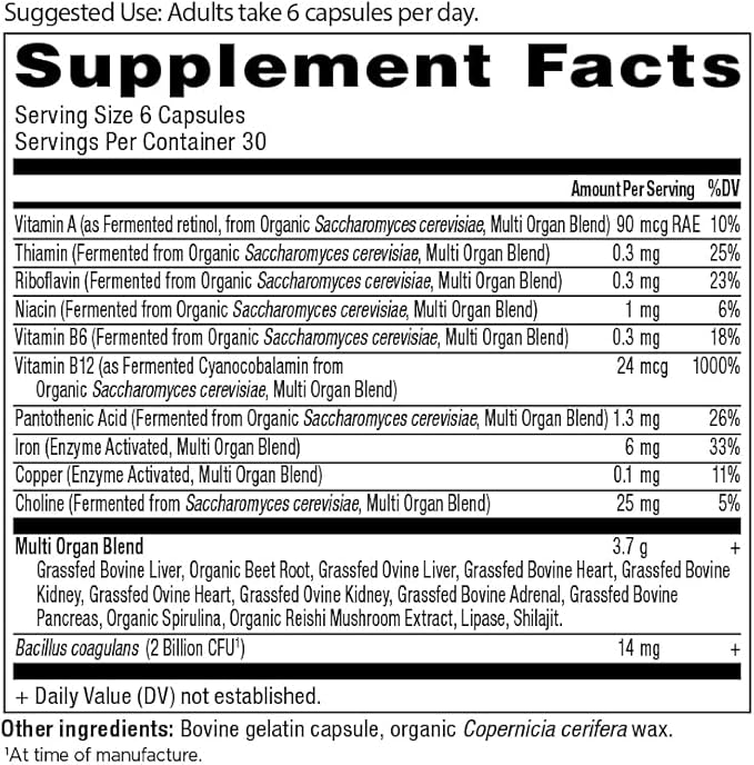 Ancient Nutrition Organ Supplements Grass-Fed and Wild Organ Complex Capsules Liver Heart Kidney Supports Organ Cognitive and Immune System Health 180 Ct