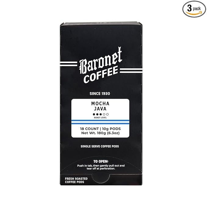 Baronet Coffee Pods [Mocha Java-54 Pods] Flavored Single Cup Use Like Senseo [3 Boxes of 18 Single Serve 10 Gram] Regular Strength Medium Roast [Mocha Java]