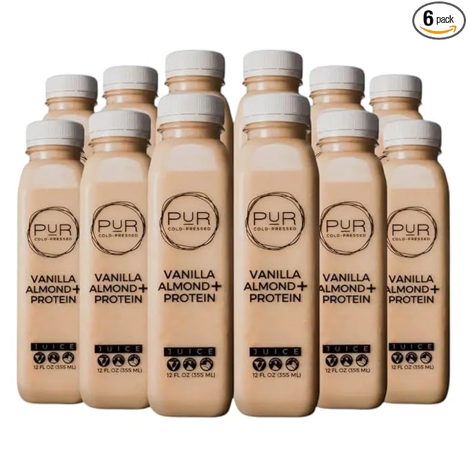PUR Cold-Pressed Juice – Nut Mylk + Daily Protein 6 Pack – Vanilla Almond – Plant-Based Drink with Almond Milk Dates Pea Protein Cinnamon Vanilla – Delicious &amp Satiating