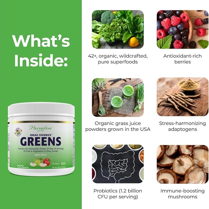 Paradise Herbs ORAC Energy Greens Apple Superfood Powder Over 40000 ORAC Antioxidants Organic Greens Berries Mushrooms &amp Probiotics Non-GMO Gluten-Free 25 Servings