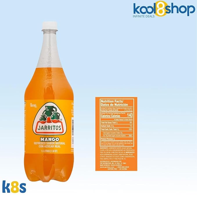 Jarritos Mango Mexican Soft Soda Drink 1.5 Lt Plastic Bottles 5 Pack + 15 Sugarcane Disposable Straws by KOOL8SHOP Infinite Deals