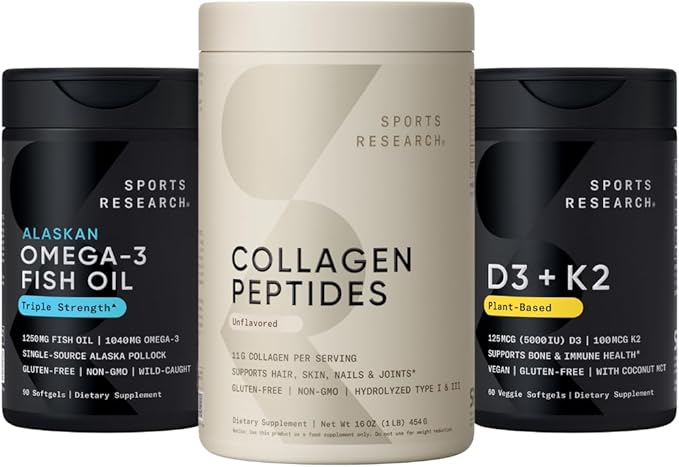 Sports Research Multivitamins Pack - Hydrolyzed Type 1 &amp 3 Collagen Powder Protein Wild Alaskan Pollock Omega-3 Fish Oil 1250mg &amp 5000 IU Vitamin D + 100mcg Mk7 Vitamin K