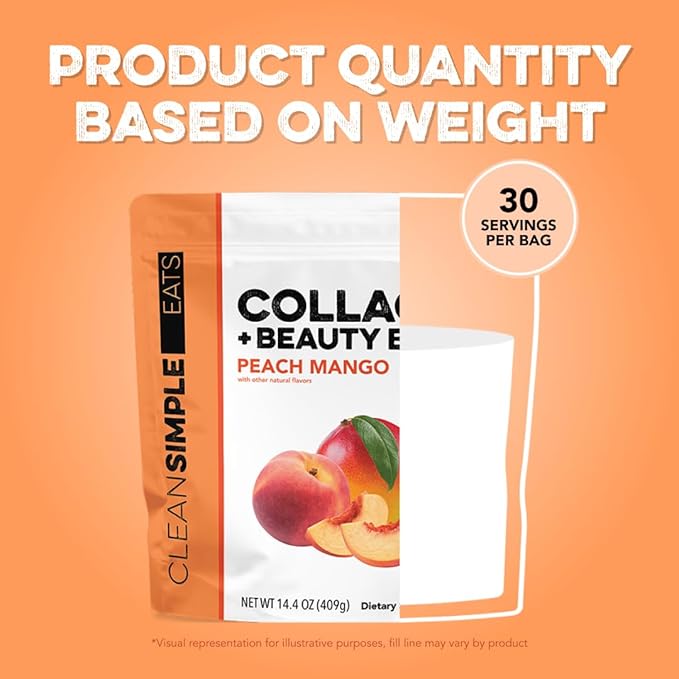Clean Simple Eats Collagen Powder + Beauty Blend Peach Mango 11G Hydrolyzed Collagen Peptides from Grass Fed Bovine &amp Chicken Hyaluronic Acid for Hair Skin Nail &amp Joint Support 30 Servin