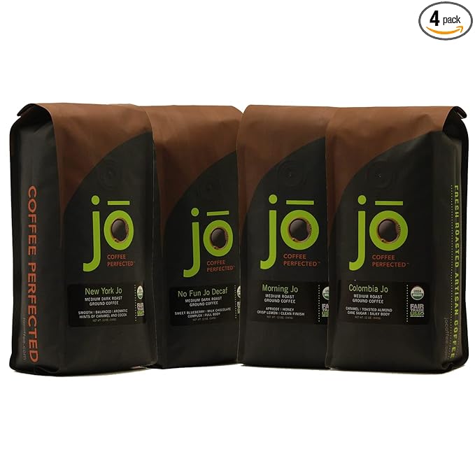 JO COFFEE: Mixed Bundle No Fun Jo Decaf Morning Jo Breakfast Blend New York Jo Colombia Jo Medium &amp Medium Dark Roasts 12 oz each USDA Certified Gluten-Free Gourmet Coffee Swiss Water Pro