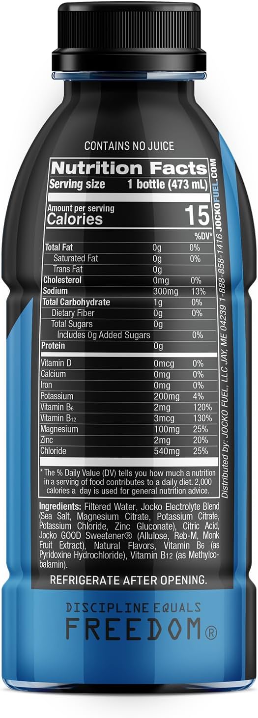 Jocko Fuel Hydrate Electrolyte Drinks - Sports Drink Hydration Amplifier Thirst Quencher - Scientifically Formulated Electrolyte Blend Blue Raspberry 16 Oz (12 Pack)