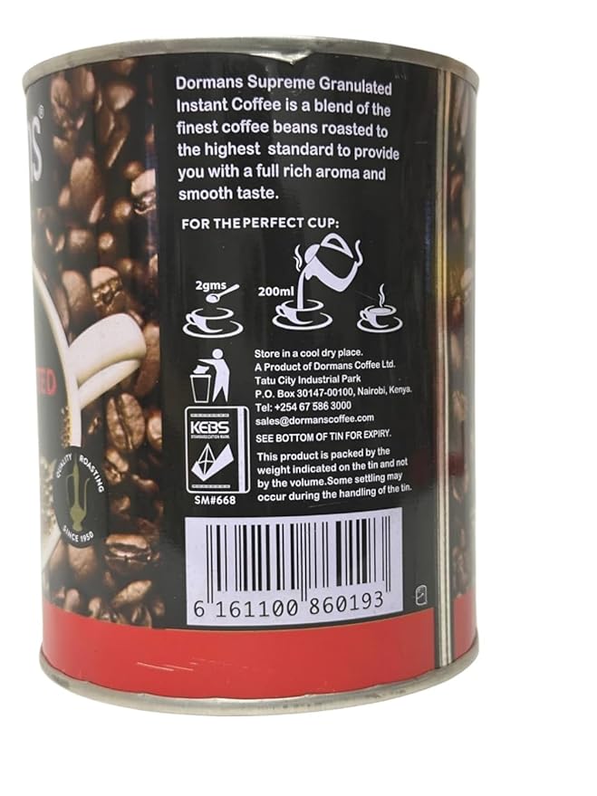 Dormans Instant Coffee Dark Roast 100% East African 7.8 oz