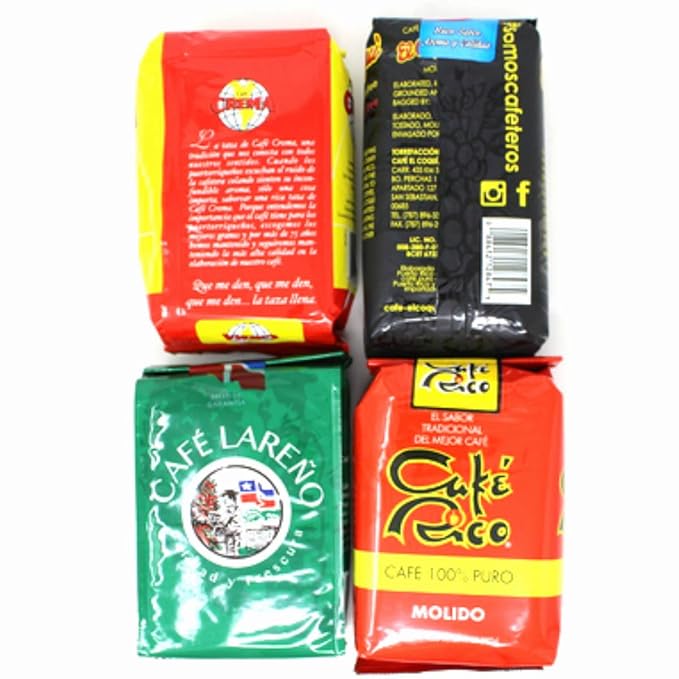 Puerto Rican Ground Coffee Variety Pack - 4 Local Favorites in 14 Ounce Bags (Lareno Rico Coqui and Crema)