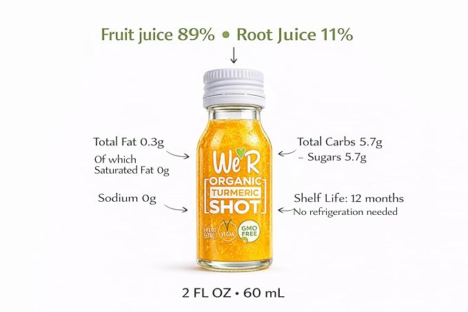 WE'R Organic TURMERIC Shot Certified Organic &amp Non-GMO. 2Fl Oz Each (12 Pack / 24Fl Oz Total)