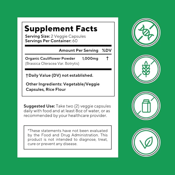 Organic Cauliflower Superfood Veggies Powder Supplement - Natural Sulforaphane Vitamins Minerals for Digestion Energy Antioxidant Support - 120 Vegetable Capsules Non-GMO Gluten-Free
