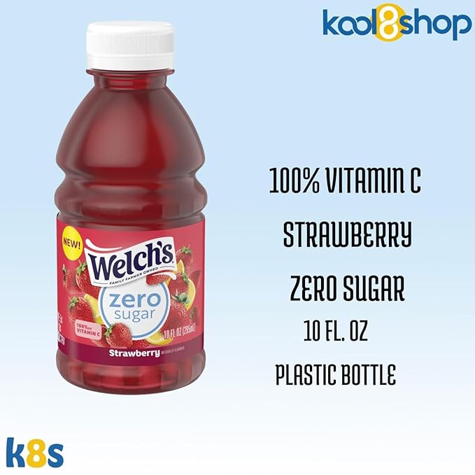 Welch's Zero Sugar Strawberry Juice Drink 10 fl oz Plastic Bottle 24 Pack + 2 Reusable Snack Bags by KOOL8SHOP Infinite Deals