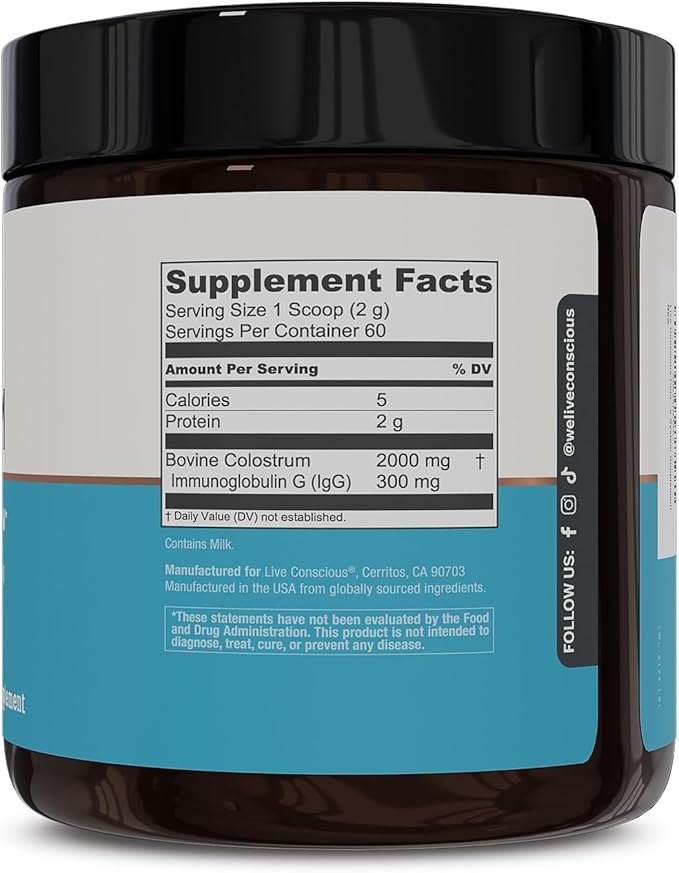 Live Conscious Colostrum Powder - Grass Fed Bovine Colostrum Supplement with Lactoferrin for Iron Absorption - Immune System Supplement (2-Pack)