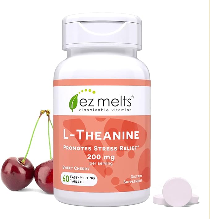 EZ Melts L-Theanine 200 mg - Stress &amp Relaxation Support Supplement - No Artificial Flavors - No Drowsiness - Non-GMO &amp Vegan - Sweet Cherry - 60 Dissolvable Tablets (30 Servings)