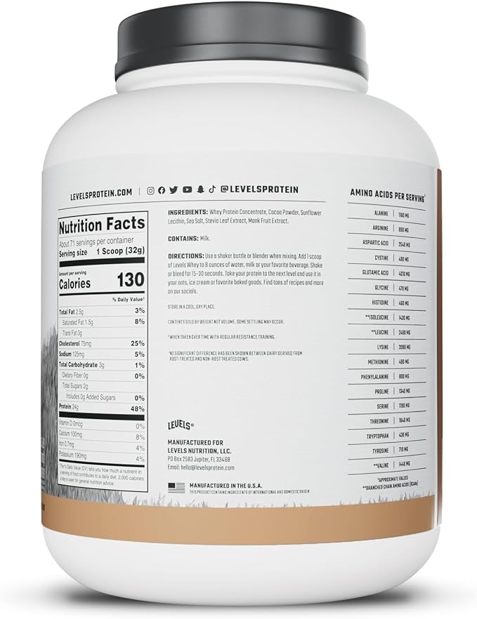 Levels Grass Fed Whey Protein Powder No Artificials 24G of Protein Pure Chocolate 5LB