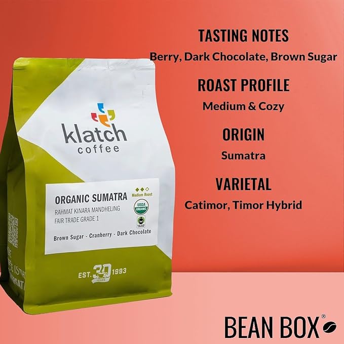 Organic Sumatra Rahmat Kinara Mandheling Fair Trade Grade 1 - Roasted by Klatch Coffee - Whole Bean Coffee - 310 Gram Bag