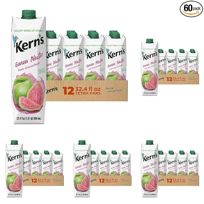 Kern’s Guava Juice Nectar - Guava Nectar Made with Fresh Fruit Puree - Tropical Fruit Juice Concentrate for Smoothie Mix Cocktail Mixers Kids Drinks &amp Mexican Beverages - 32.4oz 60 Pack Carton