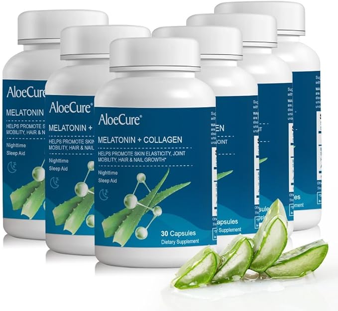 AloeCure Natural Melatonin + Collagen Natural Sleep Aid Supplement for Restful Nights - Collagen Complex for Joint Strength Skin Elasticity Hair &amp Nail Growth 30 Capsules x 6 Bottles