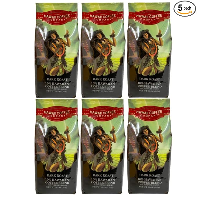 Hawaii Coffee Company 10% Hawaiian Blend Dark Roast Ground Coffee 10oz Bag (Six Bags)