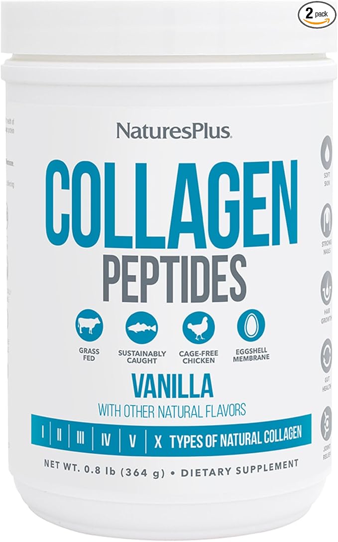 NaturesPlus Collagen Peptides Vanilla - 0.8 lb Powder Pack of 2 - Hair Skin Nail &amp Joint Health Immune System Support - Non-GMO Gluten Free - 28 Total Servings