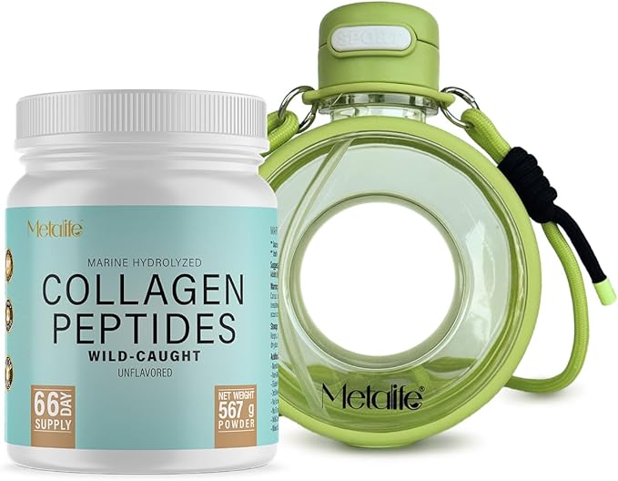 Collagen Peptides 20oz + 700ml Sports Water Bottle Bundle – Hydrolyzed Wild-Caught Collagen Powder Unflavored Canada-Made Supports Joints Hair Skin &amp Nails Leakproof Bottle with Strap
