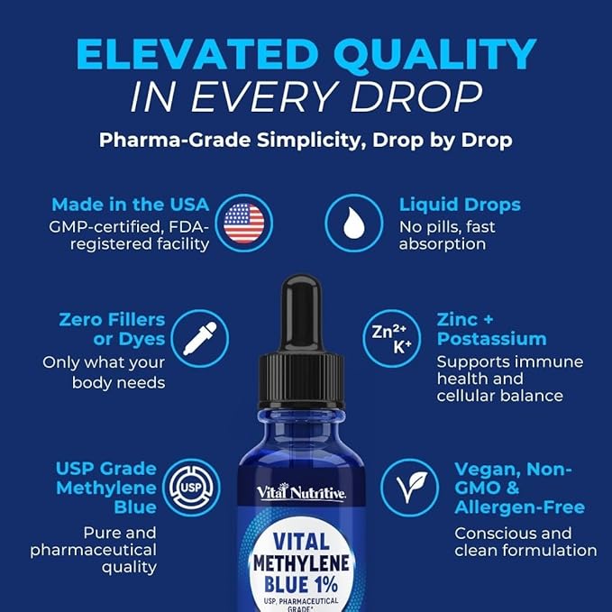 Vital Methylene Blue Drops 1% – Pharmaceutical Grade Methylene Blue for Humans Supports Cellular Energy &amp Cognitive Balance Vegan Non-GMO – 1 fl oz (30 mL)
