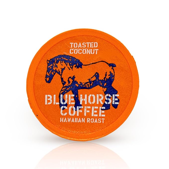 Blue Horse 'Gentle Giant' Hawaiian Roast (20% Kona) Coffee Pods - Toasted Coconut - Medium Roast 24ct Single Serve Compatible with K Cups 2.0 Farm Fresh Premium 100% Arabica Beans