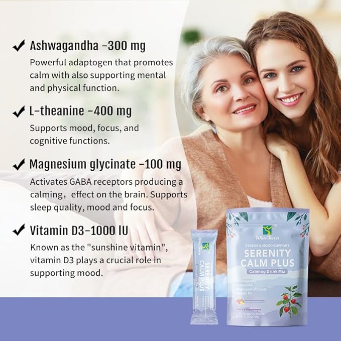 Serenity Calm Plus Drink Mix–Daily Stress&ampMood Support Ashwagandha L-Theanine Magnesium Glycinate&ampVitamin D3–Refreshing Raspberry Lemonade Non-Drowsy Calm–20 Sachets