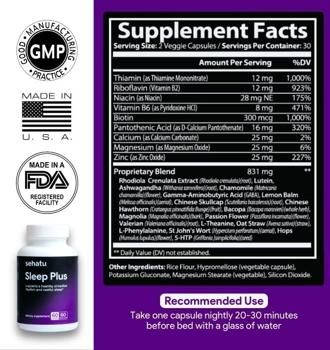 Sleep Plus Supplement | with Melatonin GABA Ashwagandha 5-HTP | for Men and Women Seeking a Healthy Sleep-Wake Schedule and A Relaxed Mood | 60 Count | 60 Day Supply