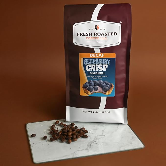 Fresh Roasted Coffee Decaf Blueberry Crisp Flavored Coffee 2 lb (32 oz) Medium Roast Kosher Whole Bean