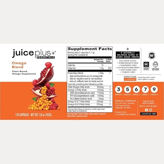 Juice Plus+ Omega Blend - Vegan Fish-Less No Aftertaste - Omega 3 5 6 7 &amp 9 Fatty Acids from Algae &amp Seeds - DHA ALA &amp EPA for Brain &amp Vision - 1 Bottle (60 Servings)