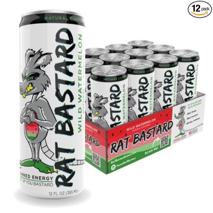 RAT BASTARD Energy Drink - Sugar-Free Caffeinated Beverage Natural Caffeine to Boost Energy and Focus Wild Watermelon Flavor 12 fl oz Can (Case of 12)