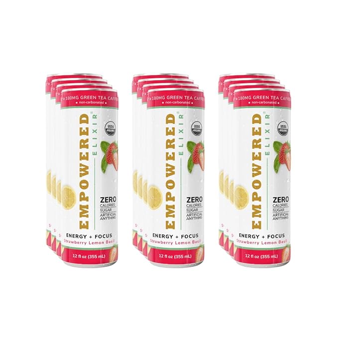 Organic Strawberry Lemon Basil Energy &amp Focus Drink | Green Tea (Natural Caffeine) L-Theanine Ashwagandha Electrolytes |12oz. Cans (Pack of 12)
