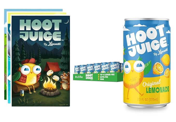 Hoot Juice Original Lemonade 24 Pack + Hoot Juice 3 Pack of Prints
